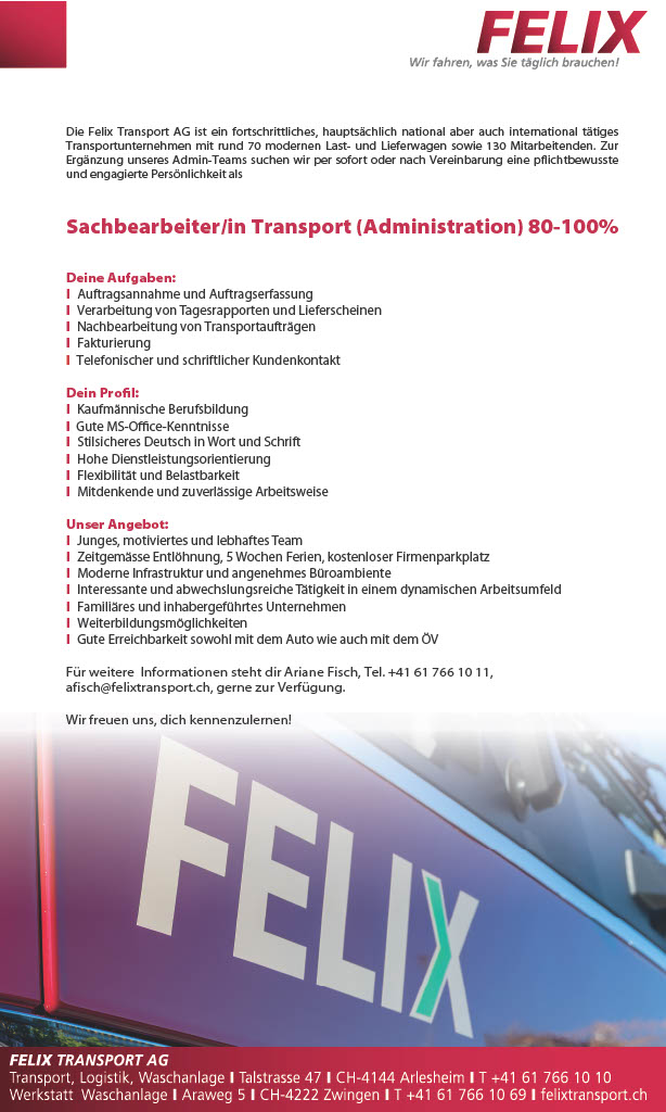 Sachbearbeiter/In Transport (Administration) 80-100%